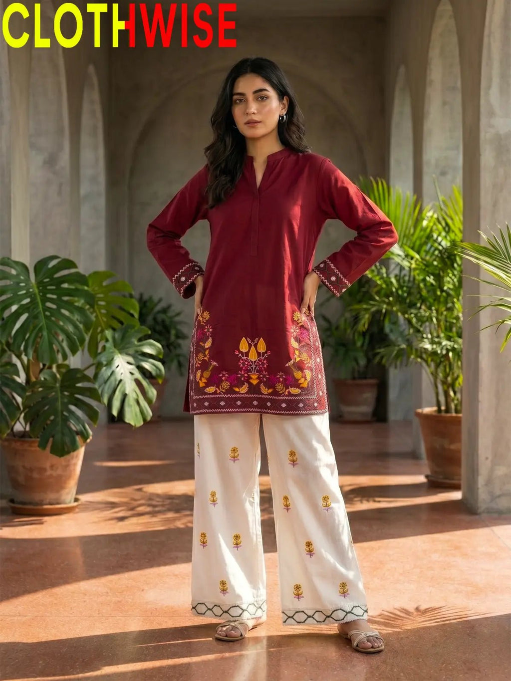 Shajar – Maroon 2-Piece Stitched Cotton Suit | Embroidered Top & Bottom with Flapper - Pakistani Women Pret | CLOTHWISE