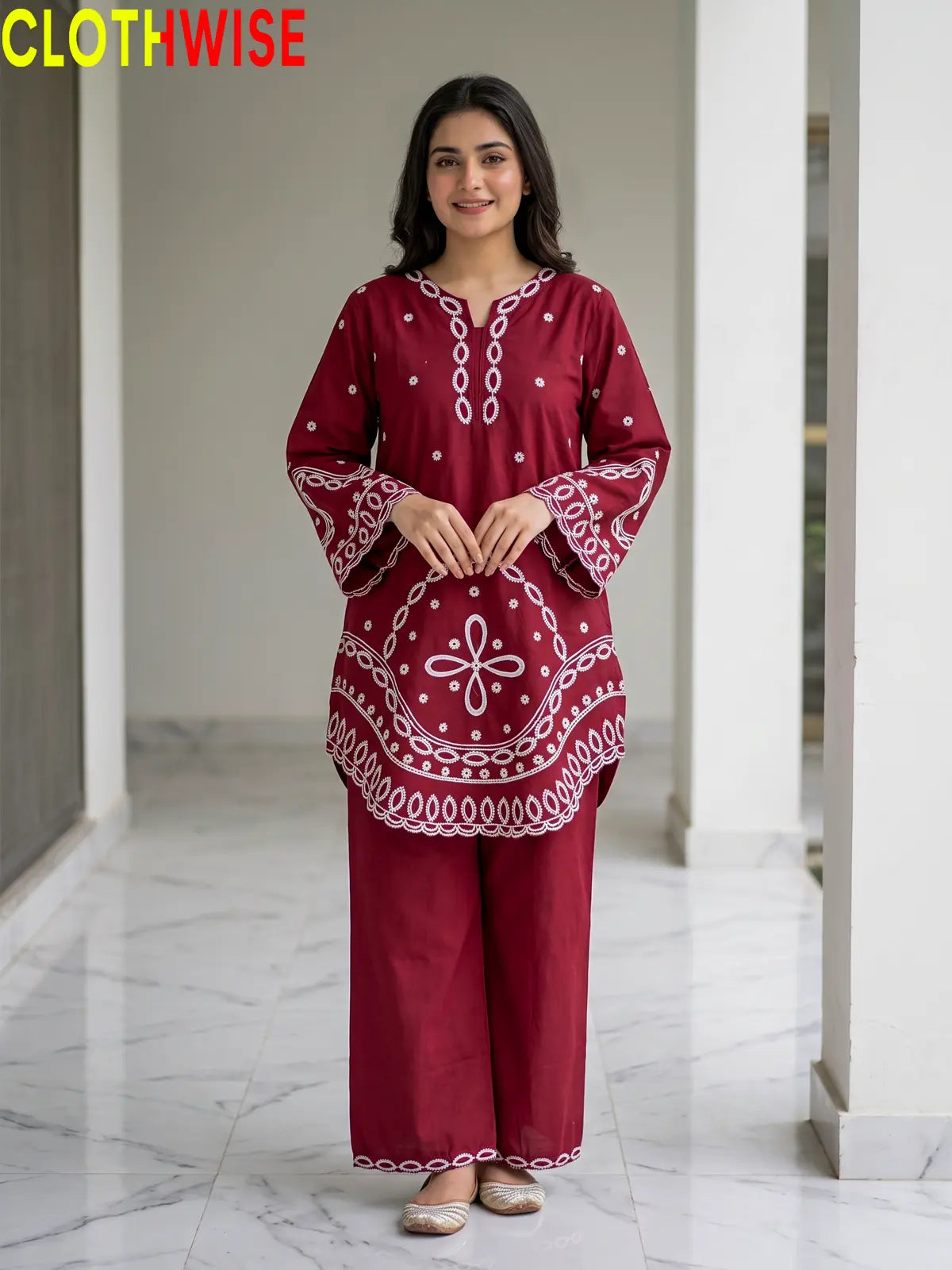 Aarzo embroidered lawn suit maroon front standing view