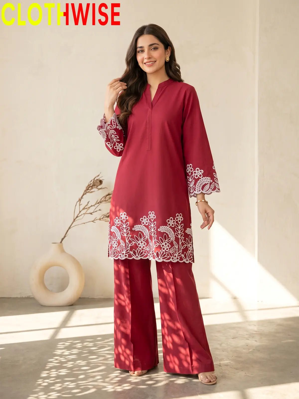 Flora Reign Maroon - 2 Pc Embroidered Cotton Co-ord Suit - Pakistani Women Pret | CLOTHWISE