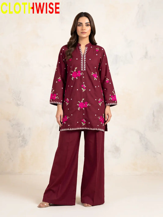 Marias Maroon embroidered co-ord set - standing - CLOTHWISE