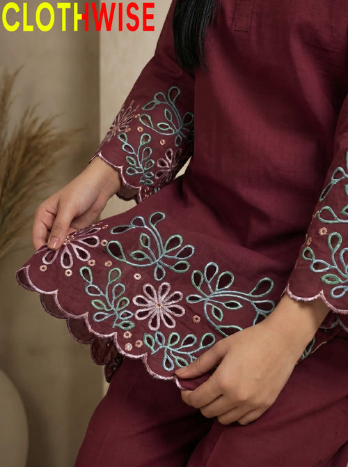 Maroon embroidered outfit with floral patterns, brand 'CLOTHWISE' visible.