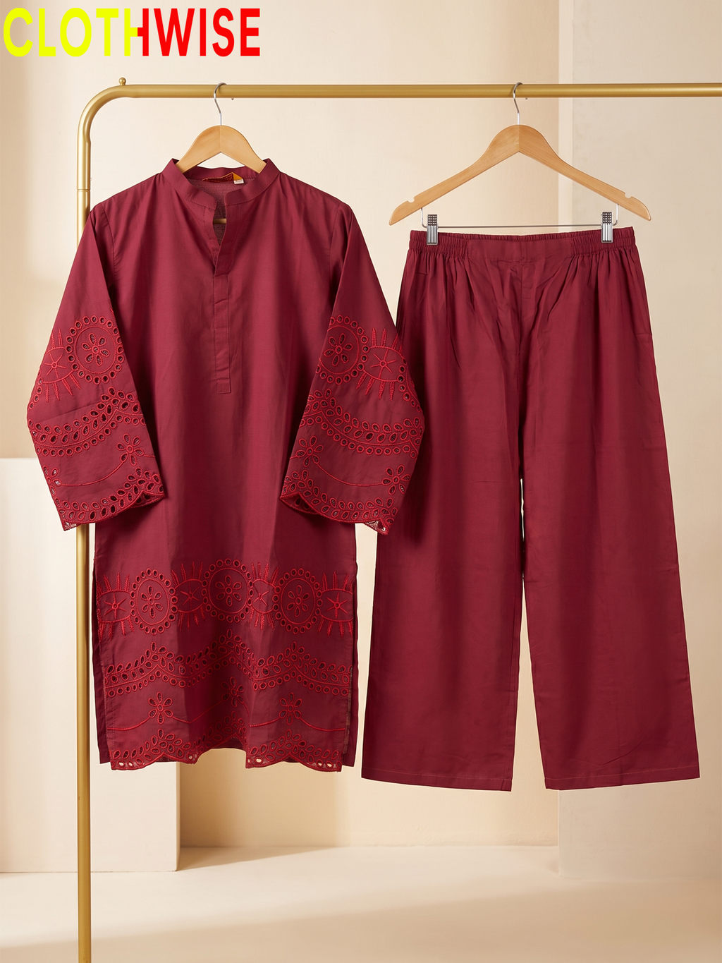 CottonCut Schiffli Embroidered Cotton 2-Piece Suit | Eyelet Kurta with Flapper
