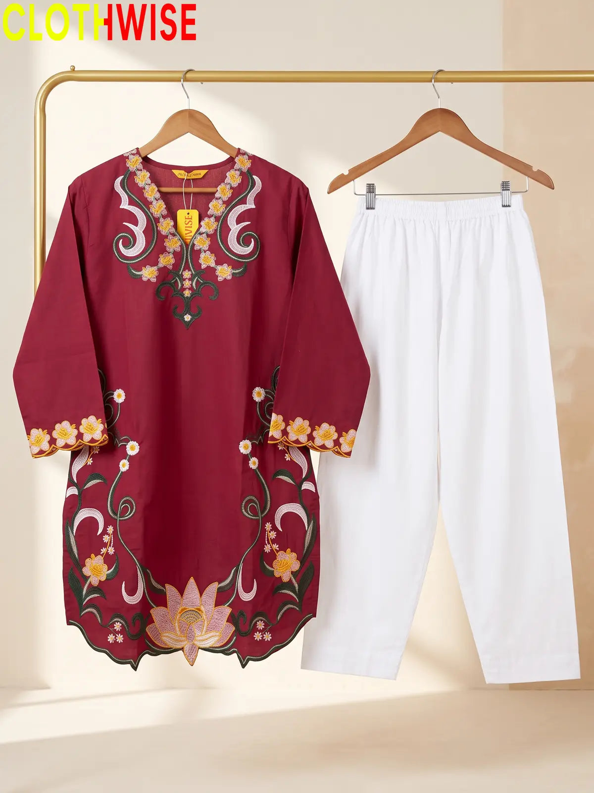 Lotus Embroidered 2 Piece Suit | Cut-Work Kurti with Shalwar for Women