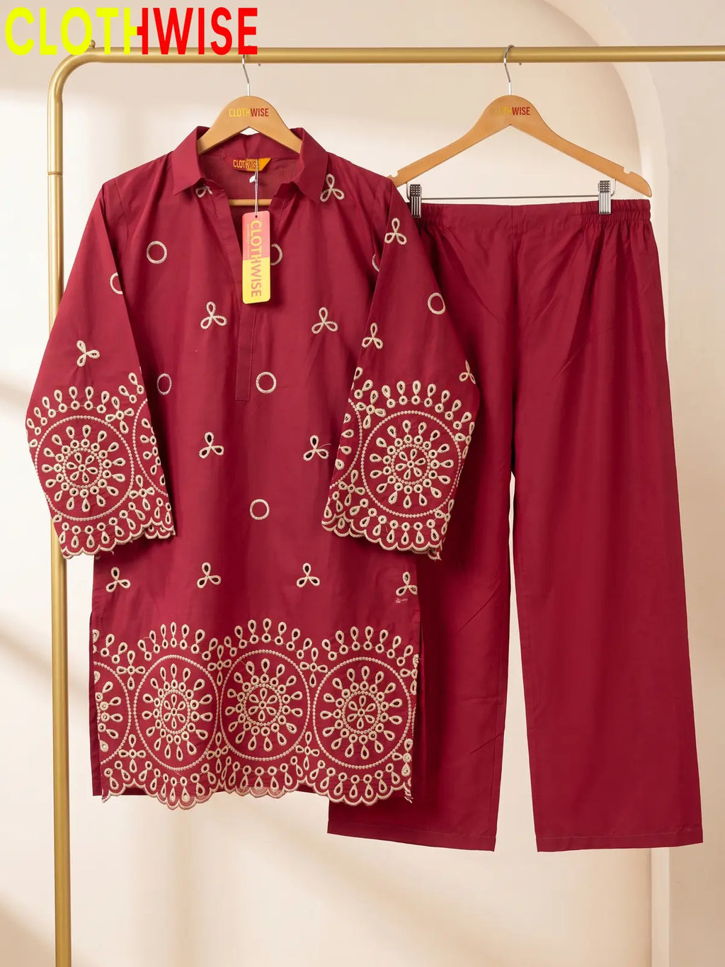 Deluxe – 2 Piece Embroidered Co-ord Set for Women | Collared Kurti with Scalloped Cutwork & Flapper