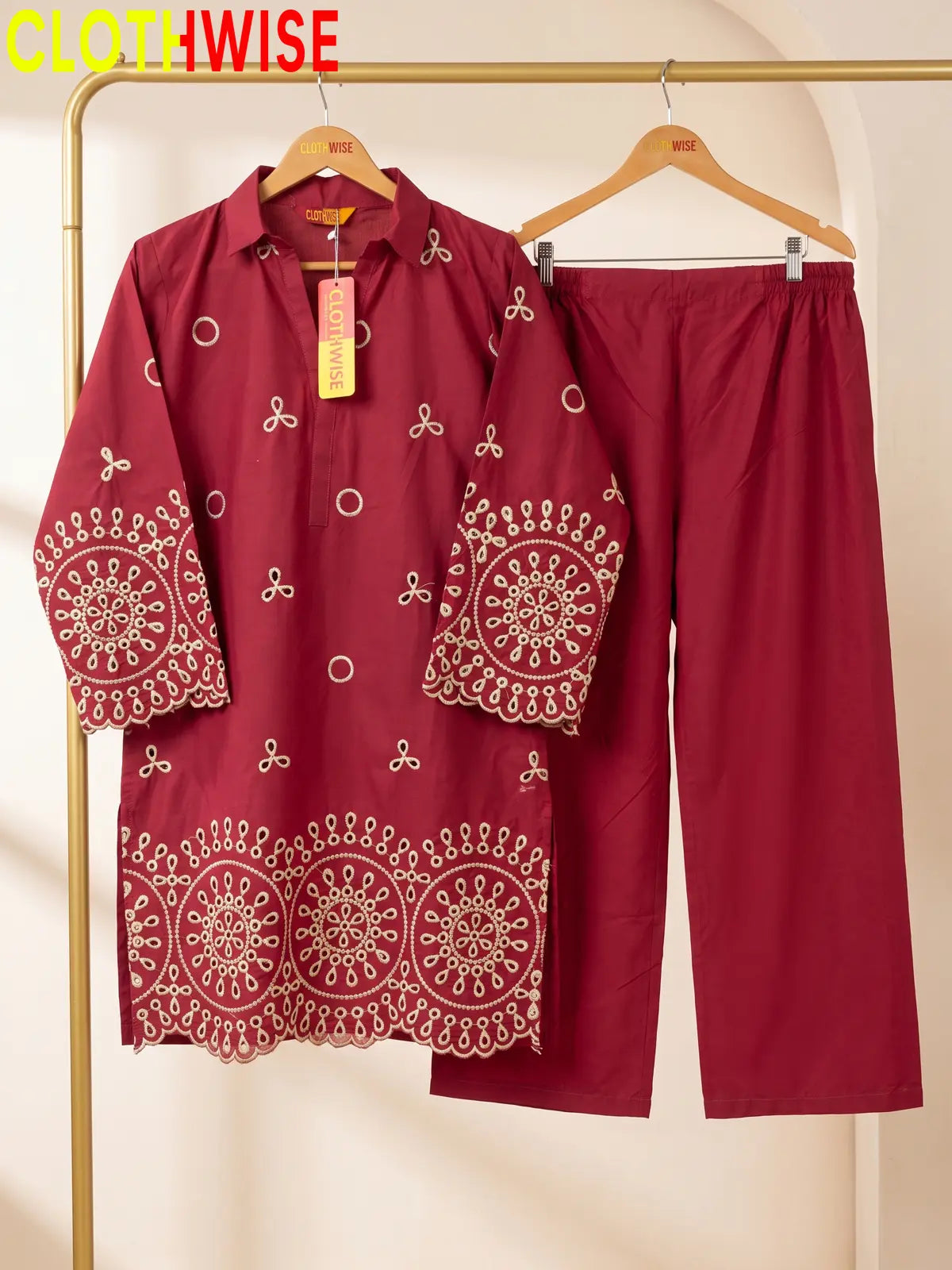 Deluxe – 2 Piece Embroidered Co-ord Set for Women | Collared Kurti with Scalloped Cutwork & Flapper
