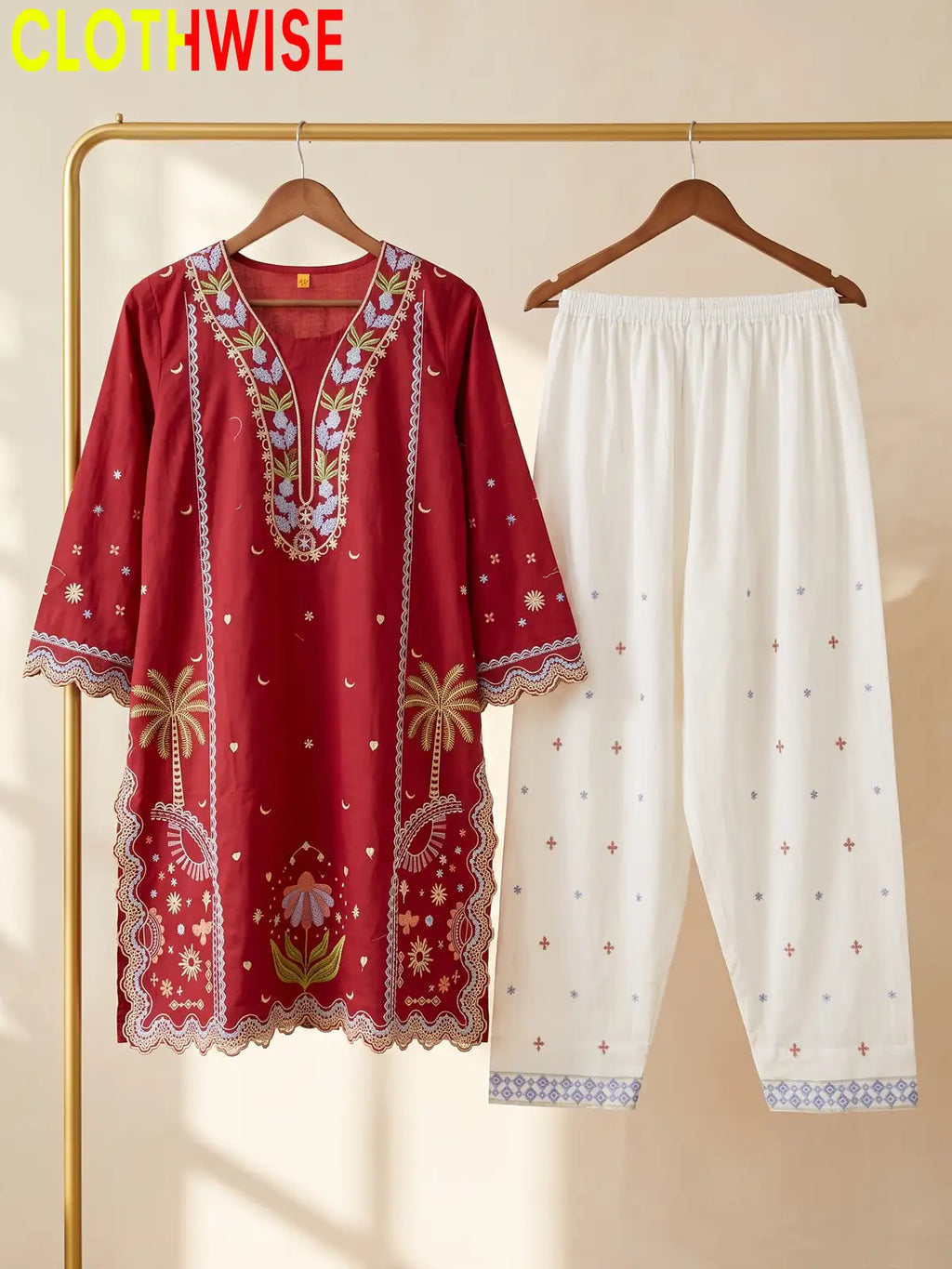 Rukhsar Floral Embroidered V-Neck Kurti with Shalwar | Clothwise