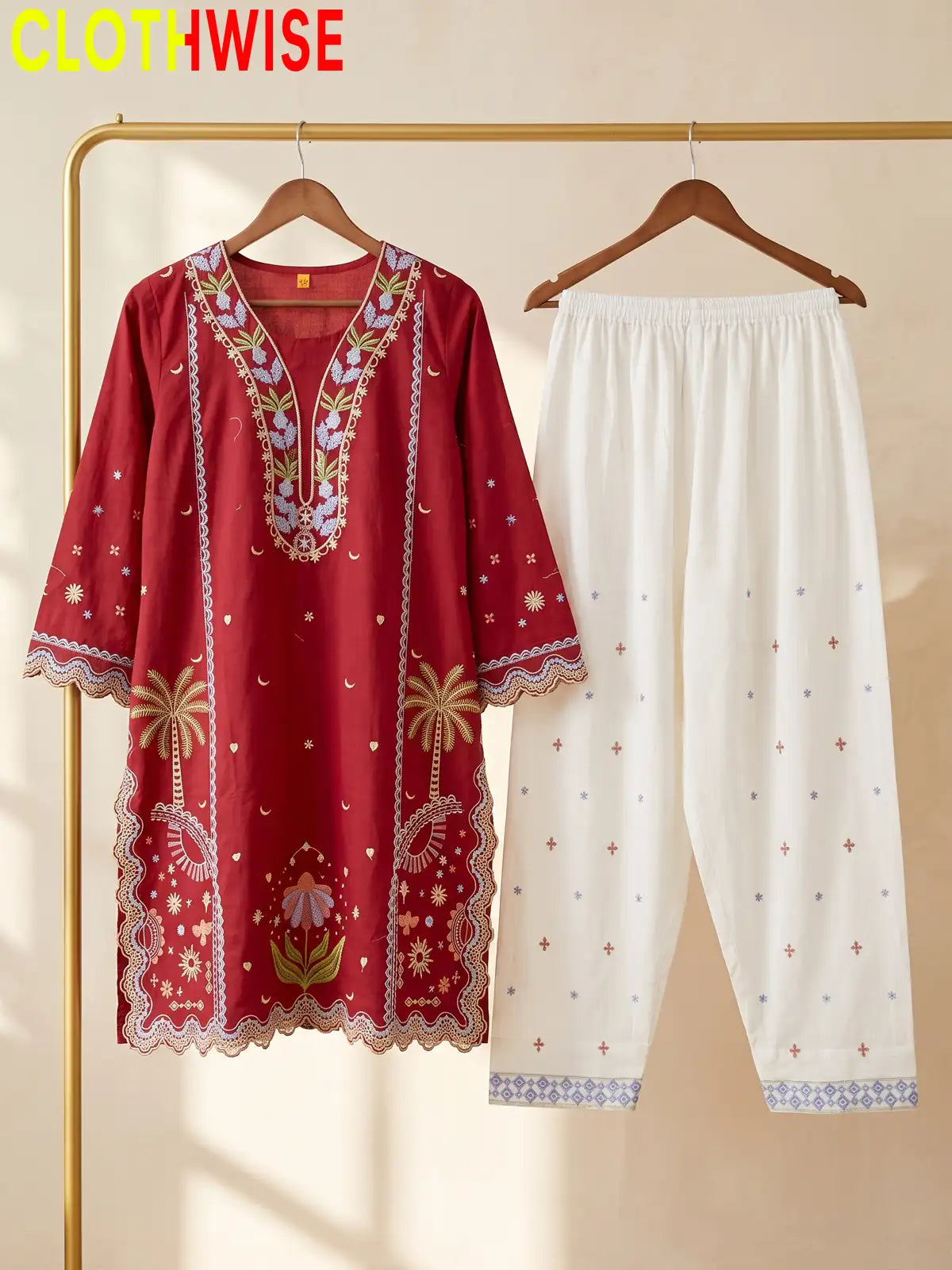 Rukhsar Floral Embroidered V-Neck Kurti with Shalwar | Clothwise