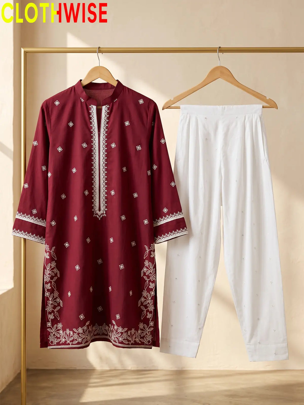 Lazawal – 2 Pcs Cotton Sequin Embroidered Kurti with White Farshi Shalwar