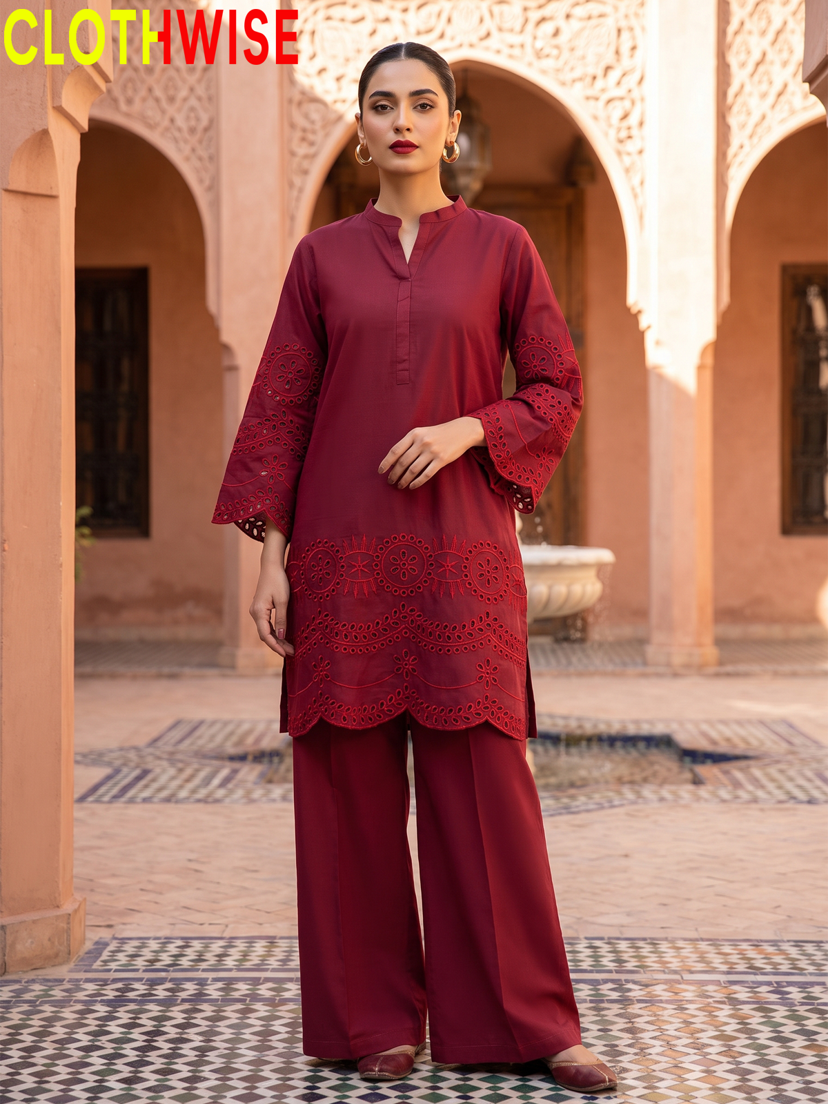 CottonCut Schiffli Embroidered Cotton 2-Piece Suit | Eyelet Kurta with Flapper