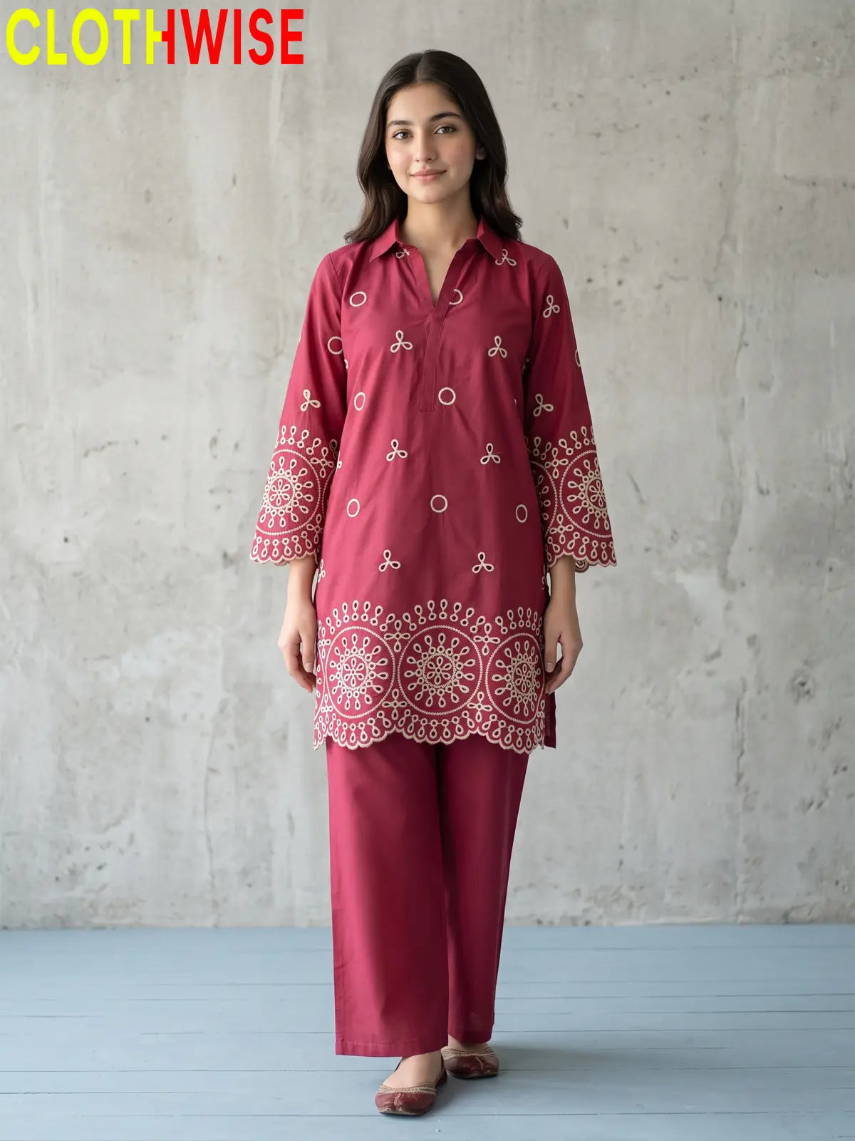 Deluxe – 2 Piece Embroidered Co-ord Set for Women | Collared Kurti with Scalloped Cutwork & Flapper