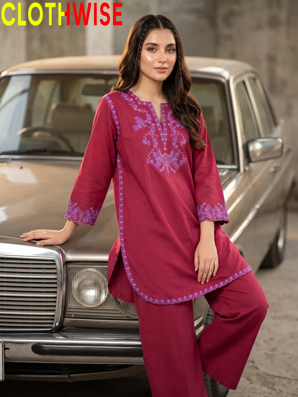 Banafsha 2 Piece Embroidered Co-ord Set | Women's Stitched Cotton Kurta & Flapper