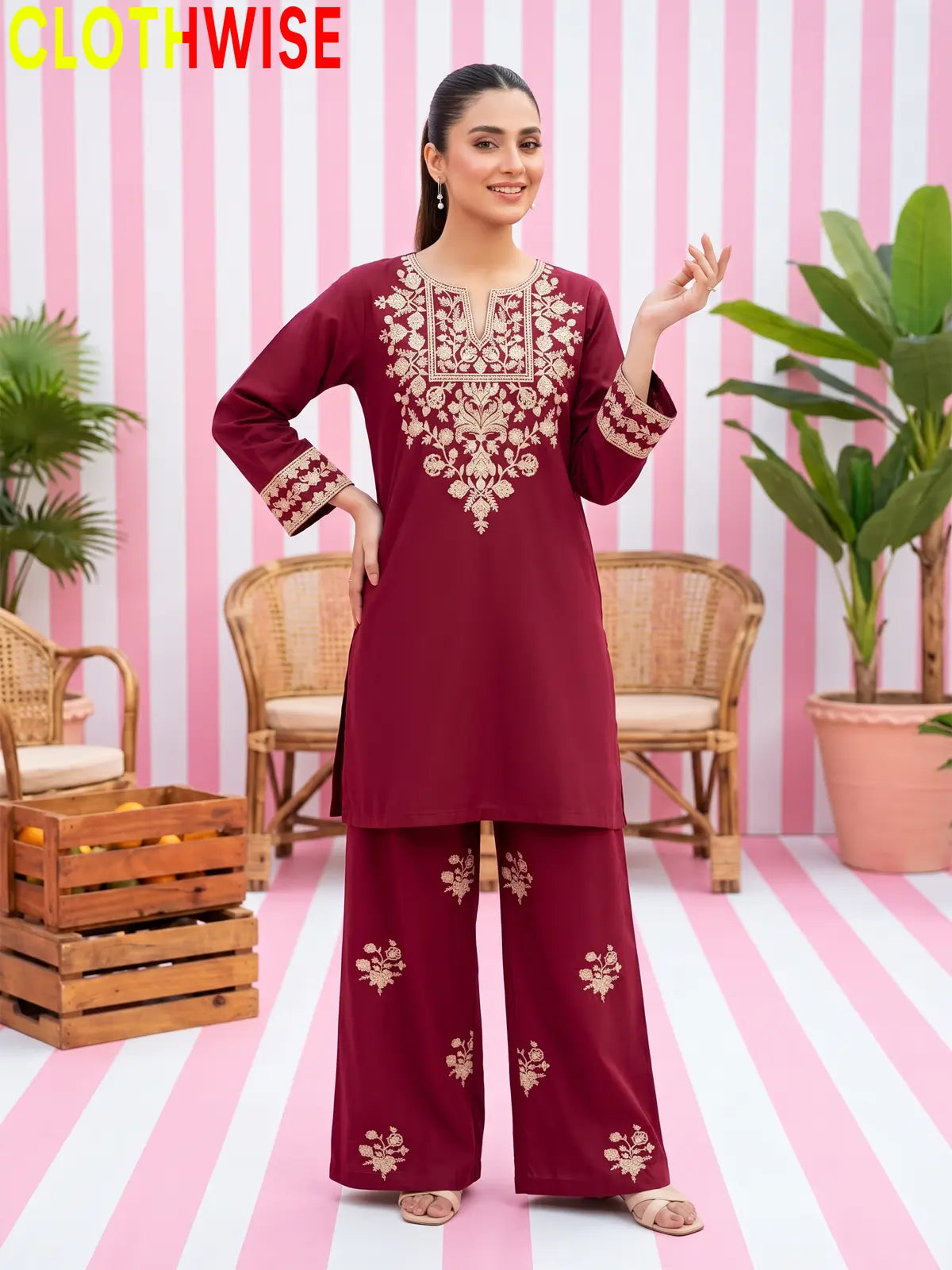 Ebony – Embroidered Cotton Kurta with Embroidered Wide-Leg Palazzo | 2Pc Suit