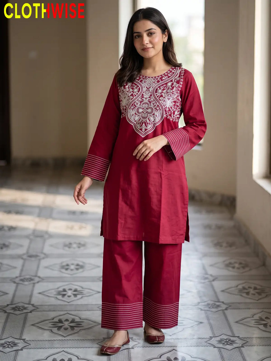Nisa Embroidered Cotton Co-ord Set for Women | Clothwise
