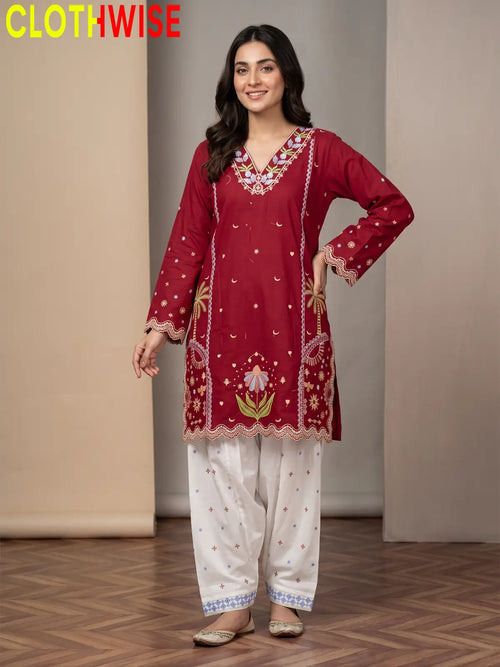 Rukhsar Floral Embroidered V-Neck Kurti with Shalwar | Clothwise