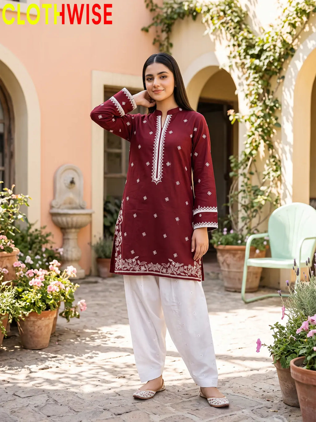 Lazawal – 2 Pcs Cotton Sequin Embroidered Kurti with White Farshi Shalwar