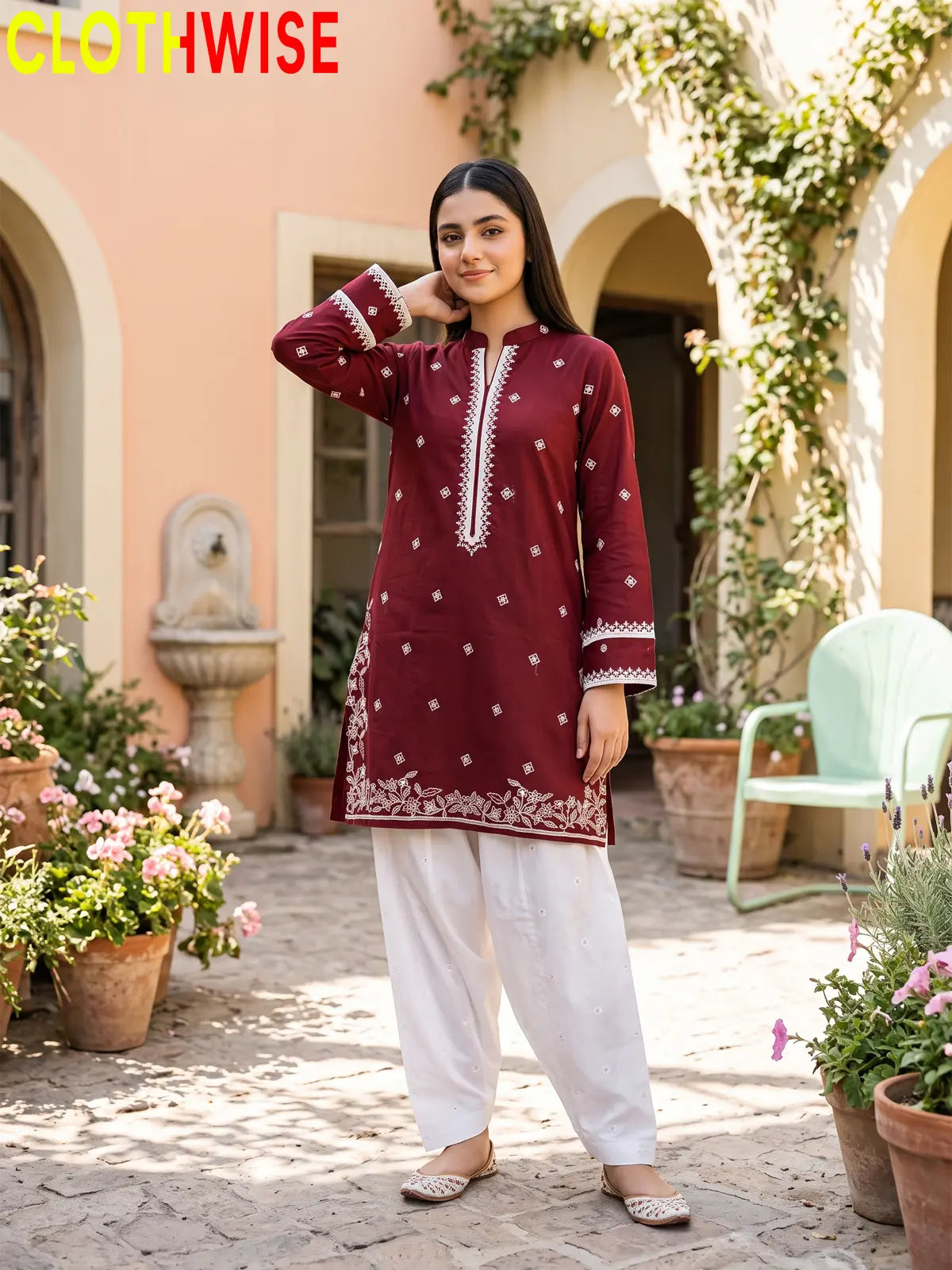Lazawal – 2 Pcs Cotton Sequin Embroidered Kurti with White Farshi Shalwar