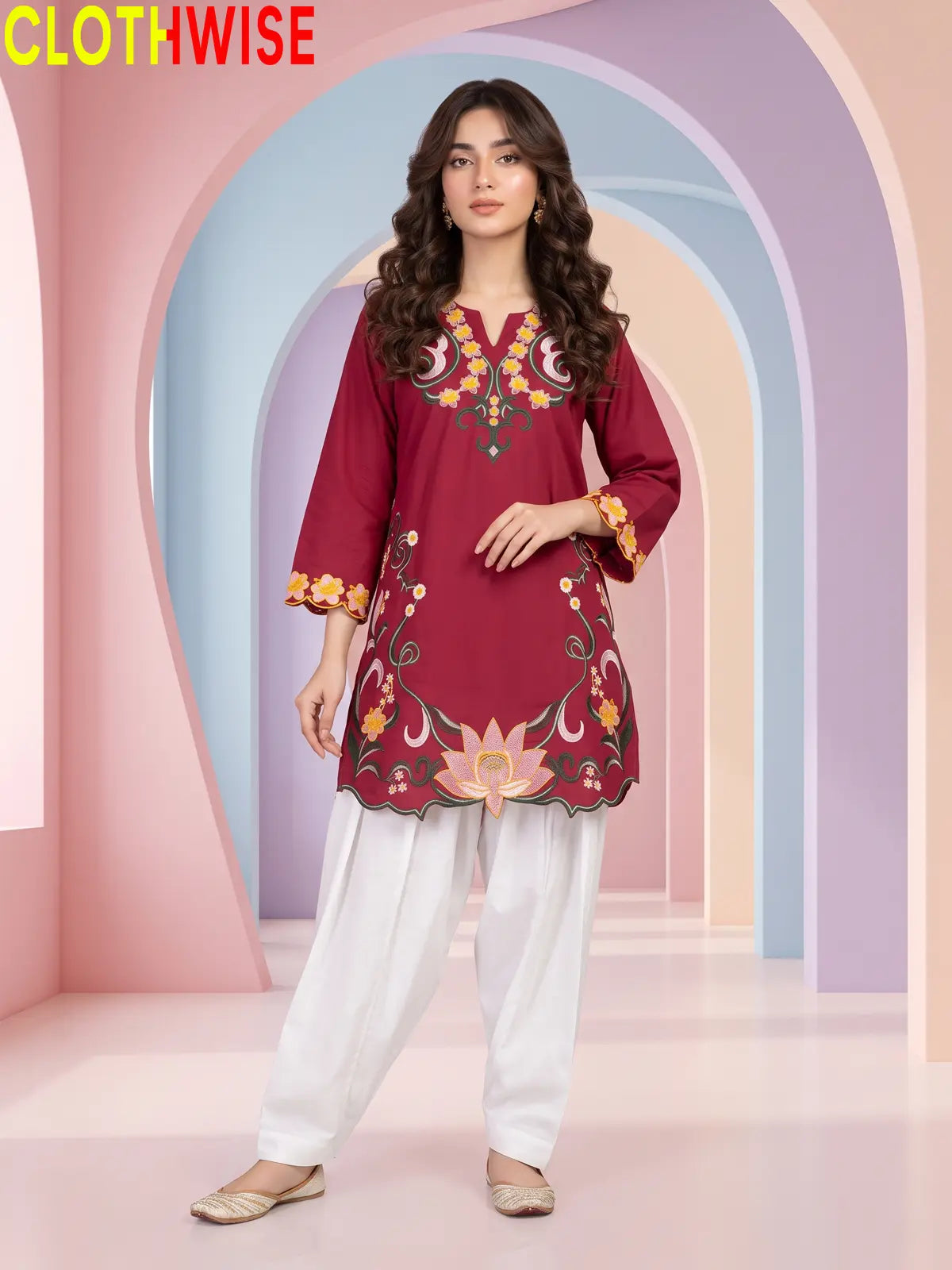 Lotus Embroidered 2 Piece Suit | Cut-Work Kurti with Shalwar for Women