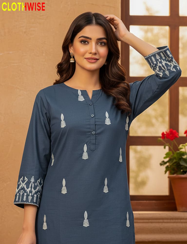 women wearing dark vlue cotton embroidered 