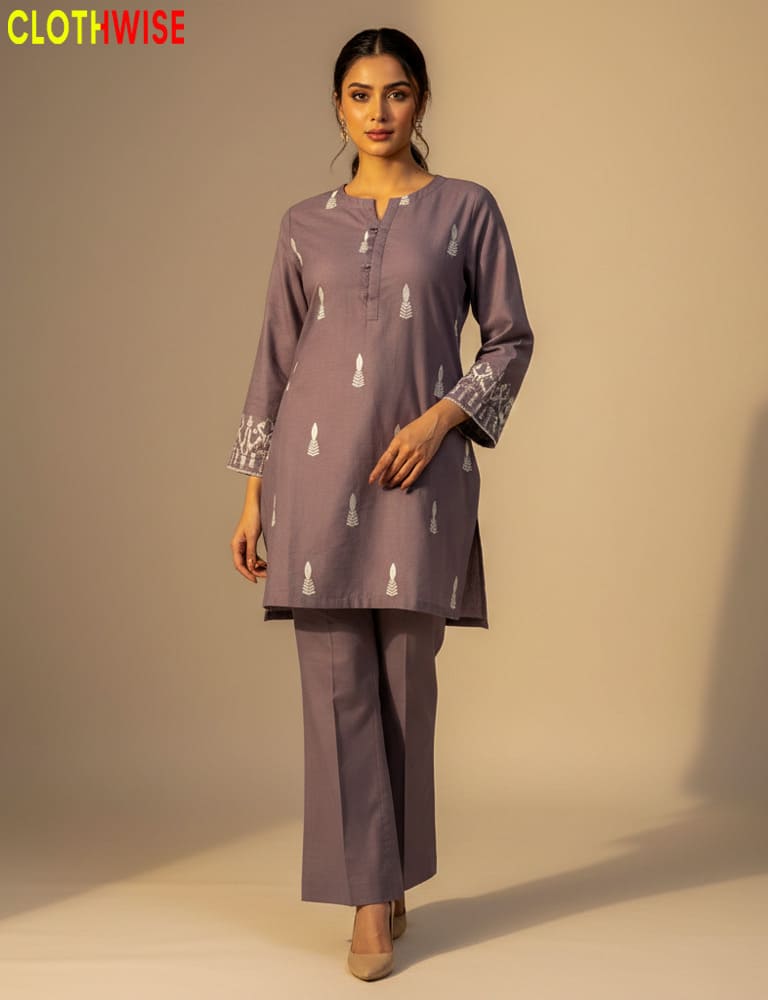 Woman wearing a gray kurta with white patterns on a beige background, with 'CLOTHWISE' branding.