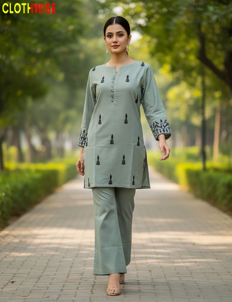 Woman in a green outfit walking on a path with trees in the background, branded 'ClothWise'.
