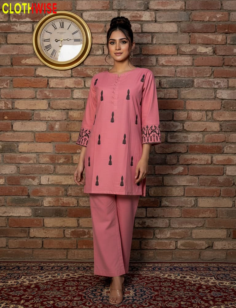 Naqsh - Classy Embroidered Cotton Pink Co-ord Set | CLOTHWISE