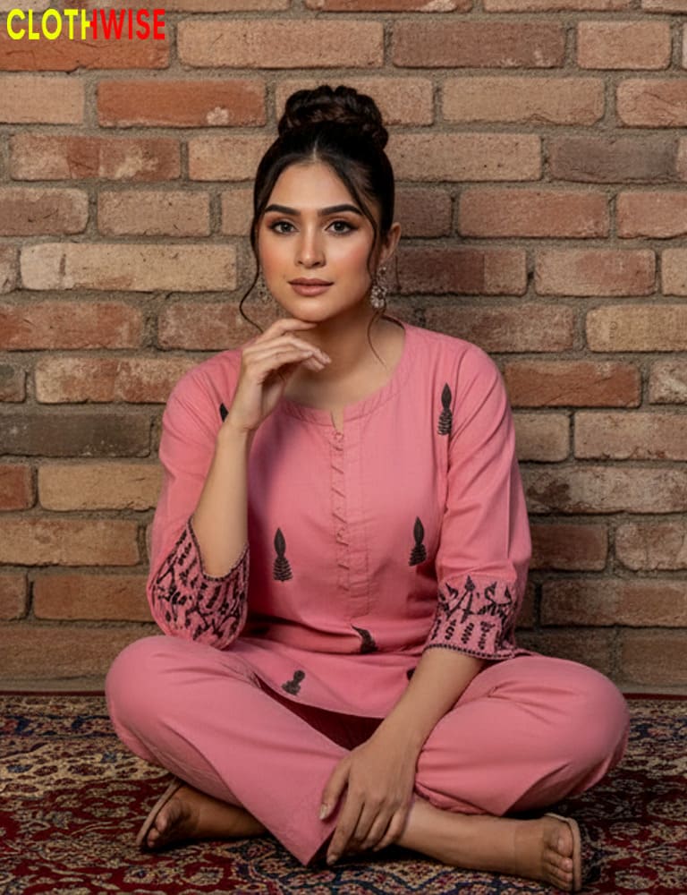 Naqsh - Classy Embroidered Cotton Pink Co-ord Set | CLOTHWISE