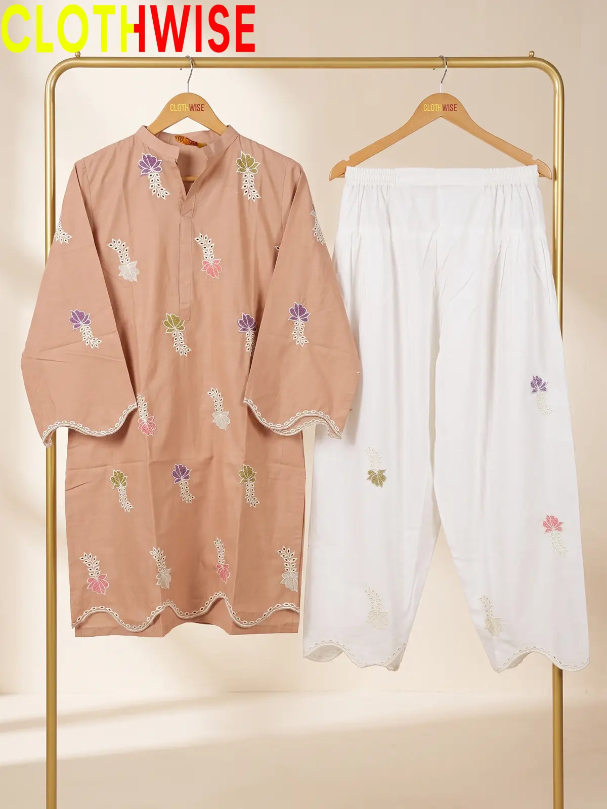 Khushi - Embroidered Cotton Kurti with Scalloped Hem & Shalwar