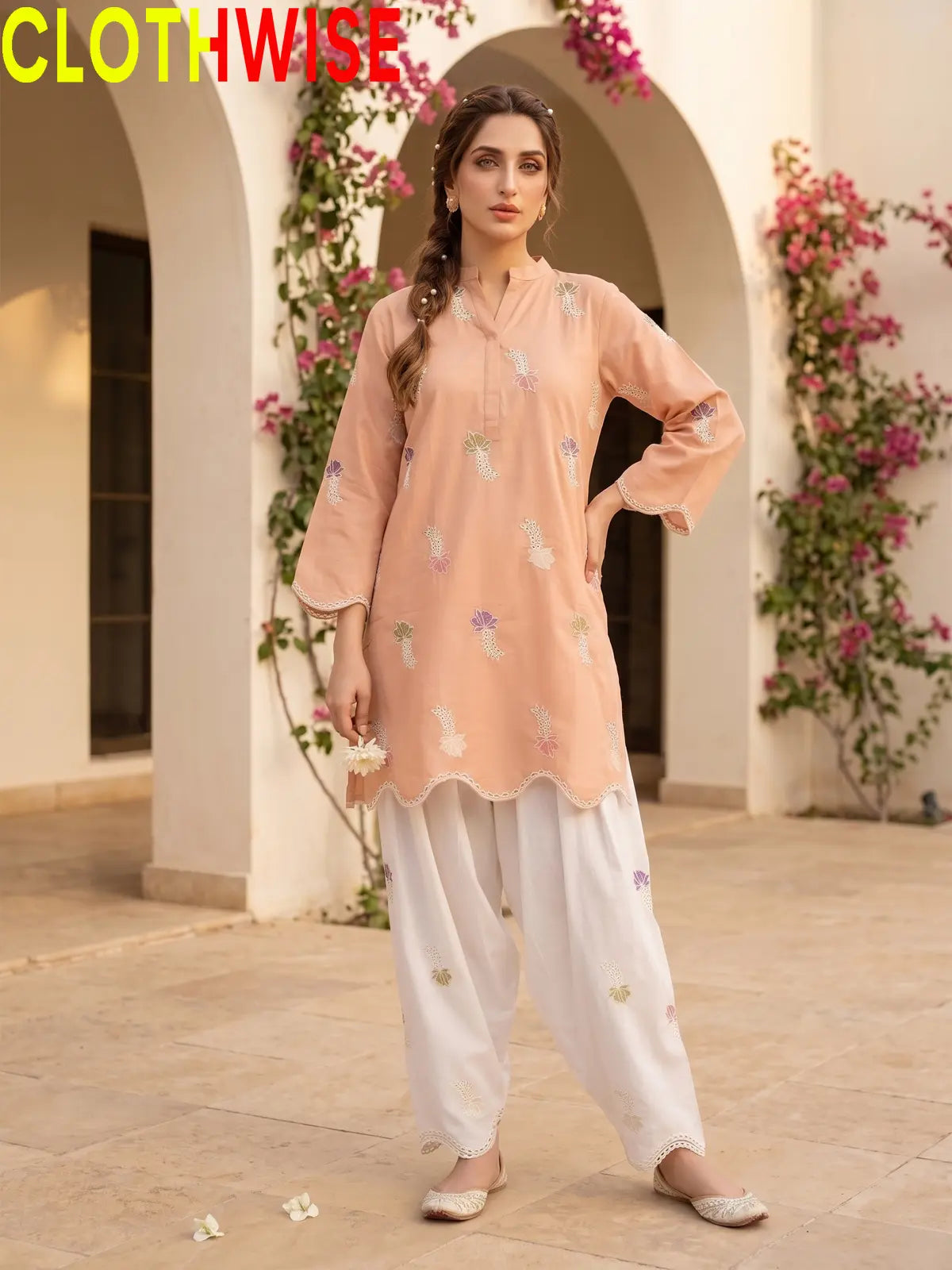 Khushi - Embroidered Cotton Kurti with Scalloped Hem & Shalwar
