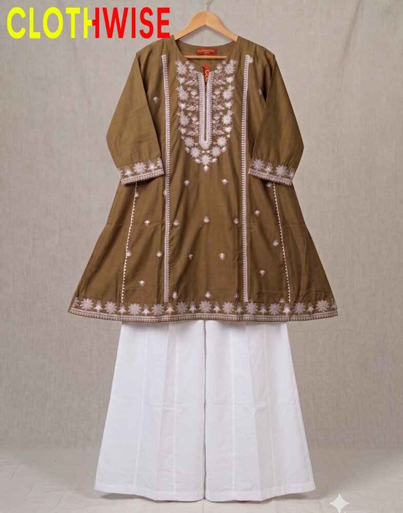 Brown embroidered kurta with white pants on a beige background, branded 'CLOTHWISE'.