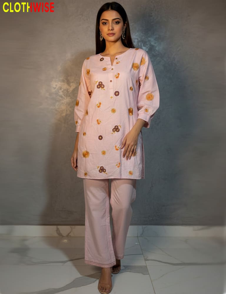 Woman wearing a light pink traditional outfit with floral patterns on a gray background, branded 'Clothwise'.