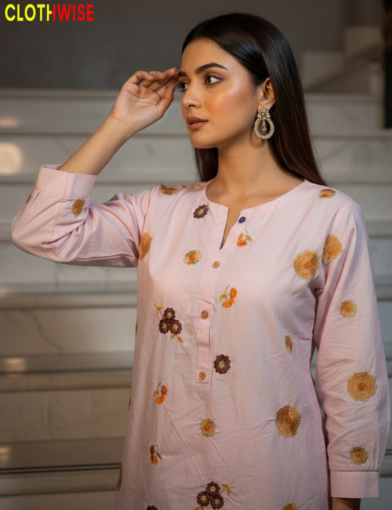 Woman wearing a light pink traditional outfit with floral patterns, standing on steps.