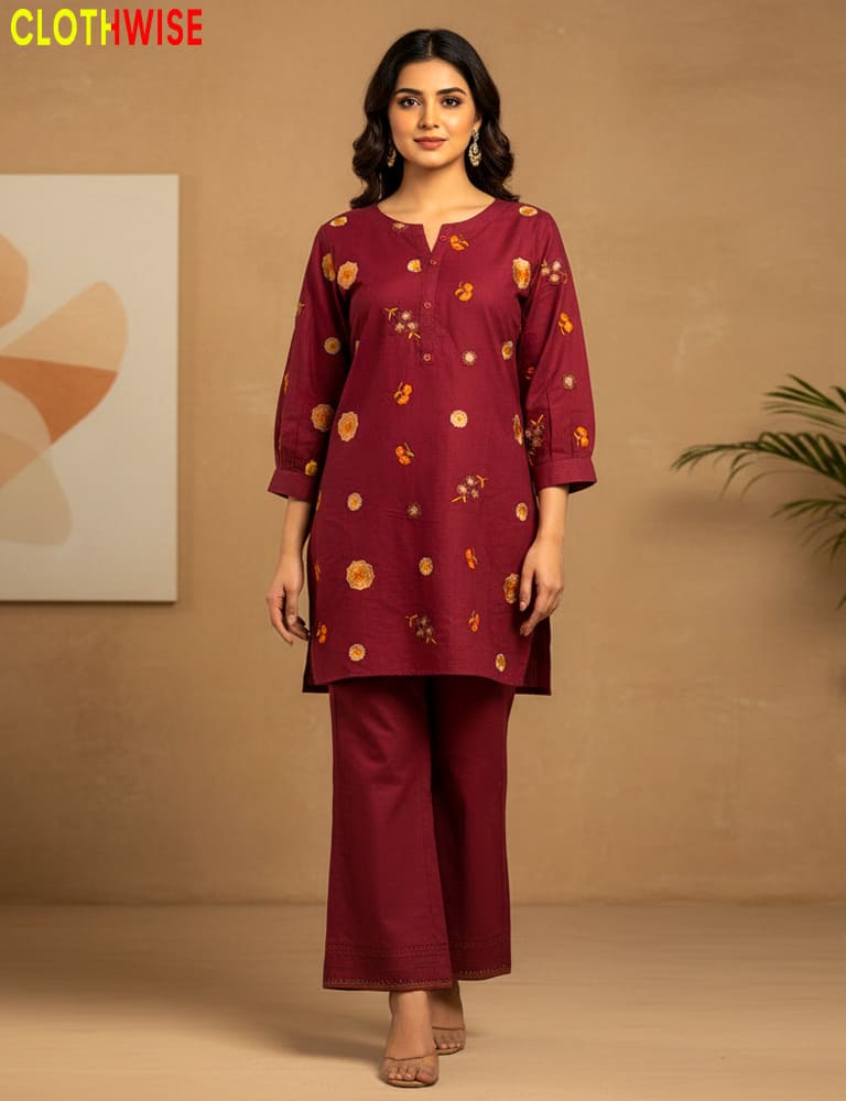 Woman wearing a maroon traditional outfit with gold patterns against a beige wall.