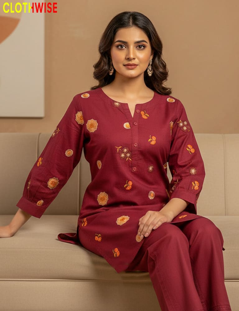 Woman wearing a maroon outfit with floral patterns sitting on a beige couch, brand 'CLOTHWISE' visible.
