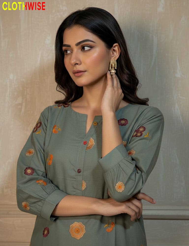Woman wearing a green embroidered outfit with a neutral background
