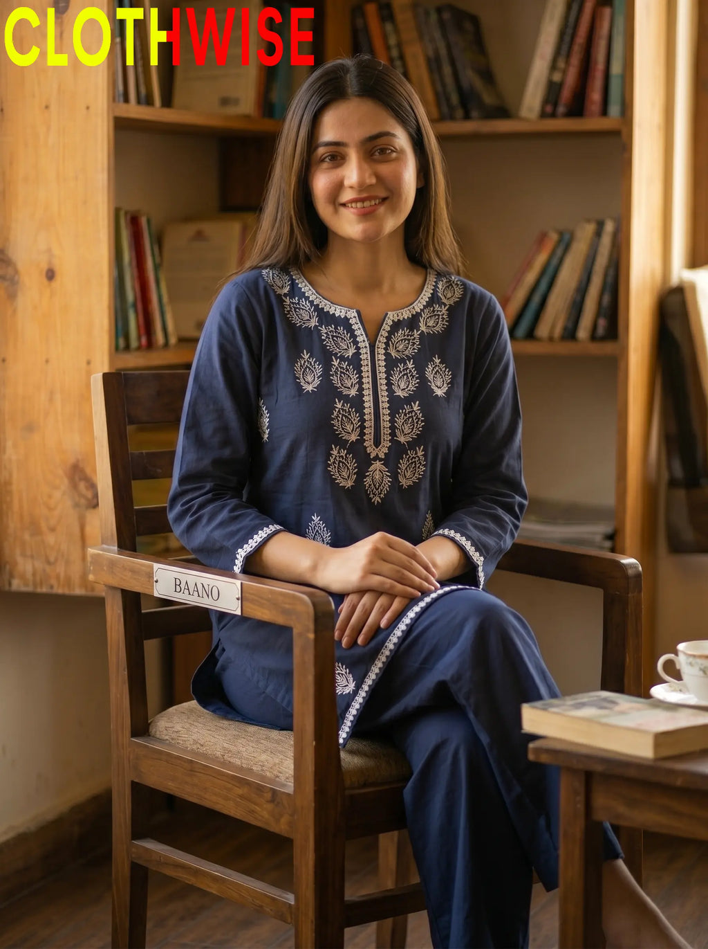 Loom Midnight Blue 2-Piece Embroidered Cotton Suit - Sitting View | Clothwise