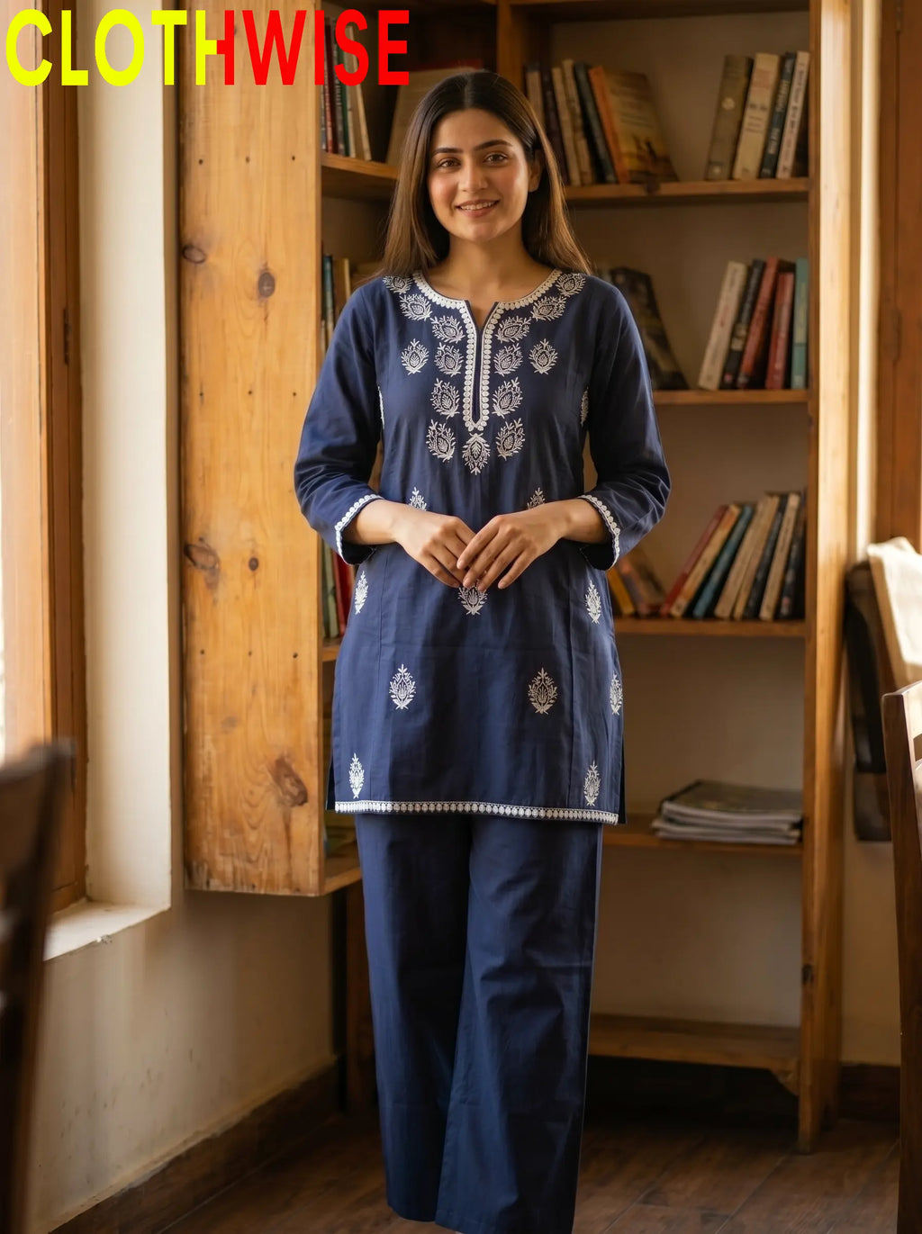 Loom Midnight Blue 2-Piece Embroidered Cotton Suit - Front Standing View | Clothwise
