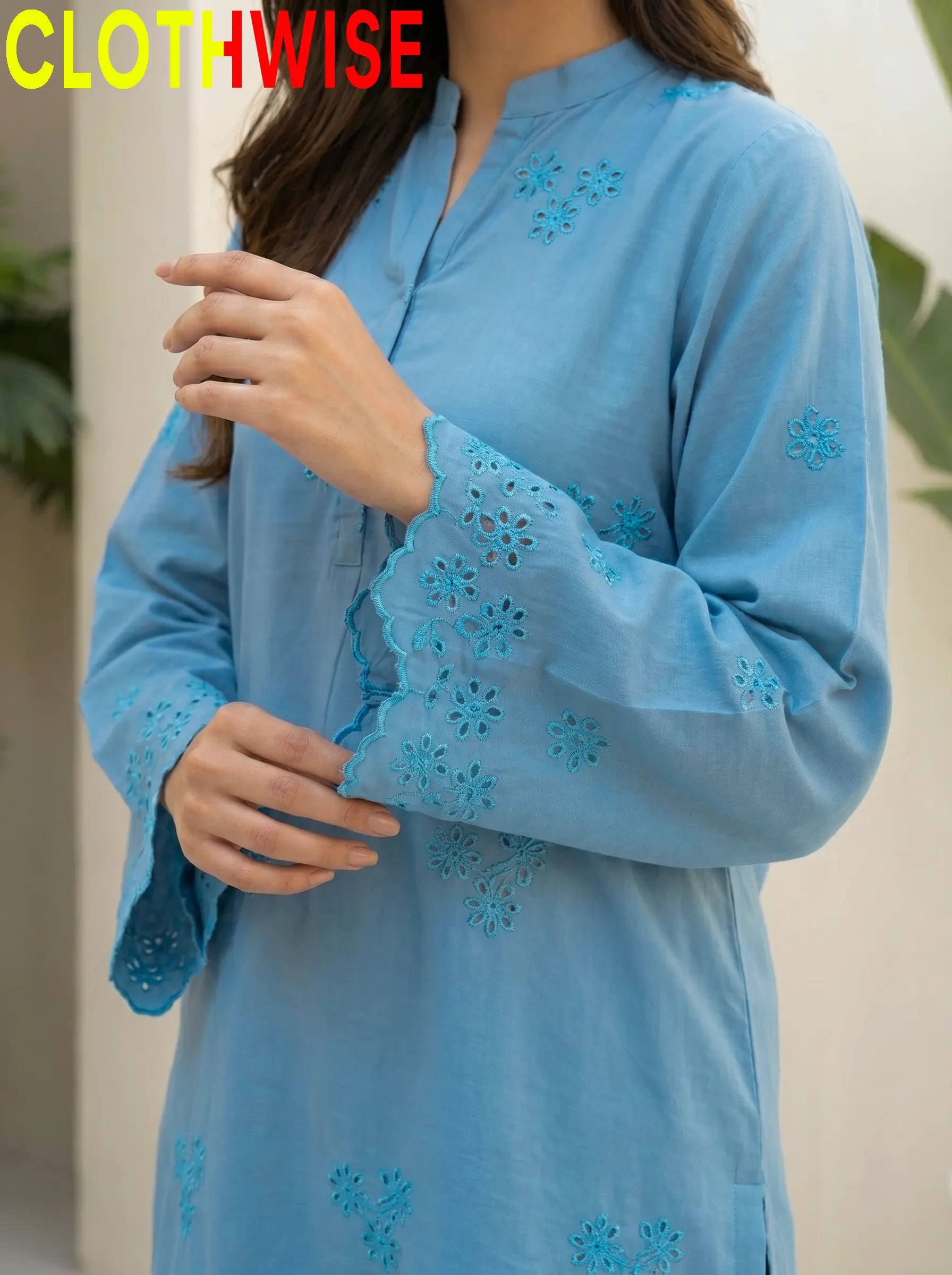 Zimal Mint Blue Chikankari Embroidery Closeup – Cutwork Daman Detail | Clothwise