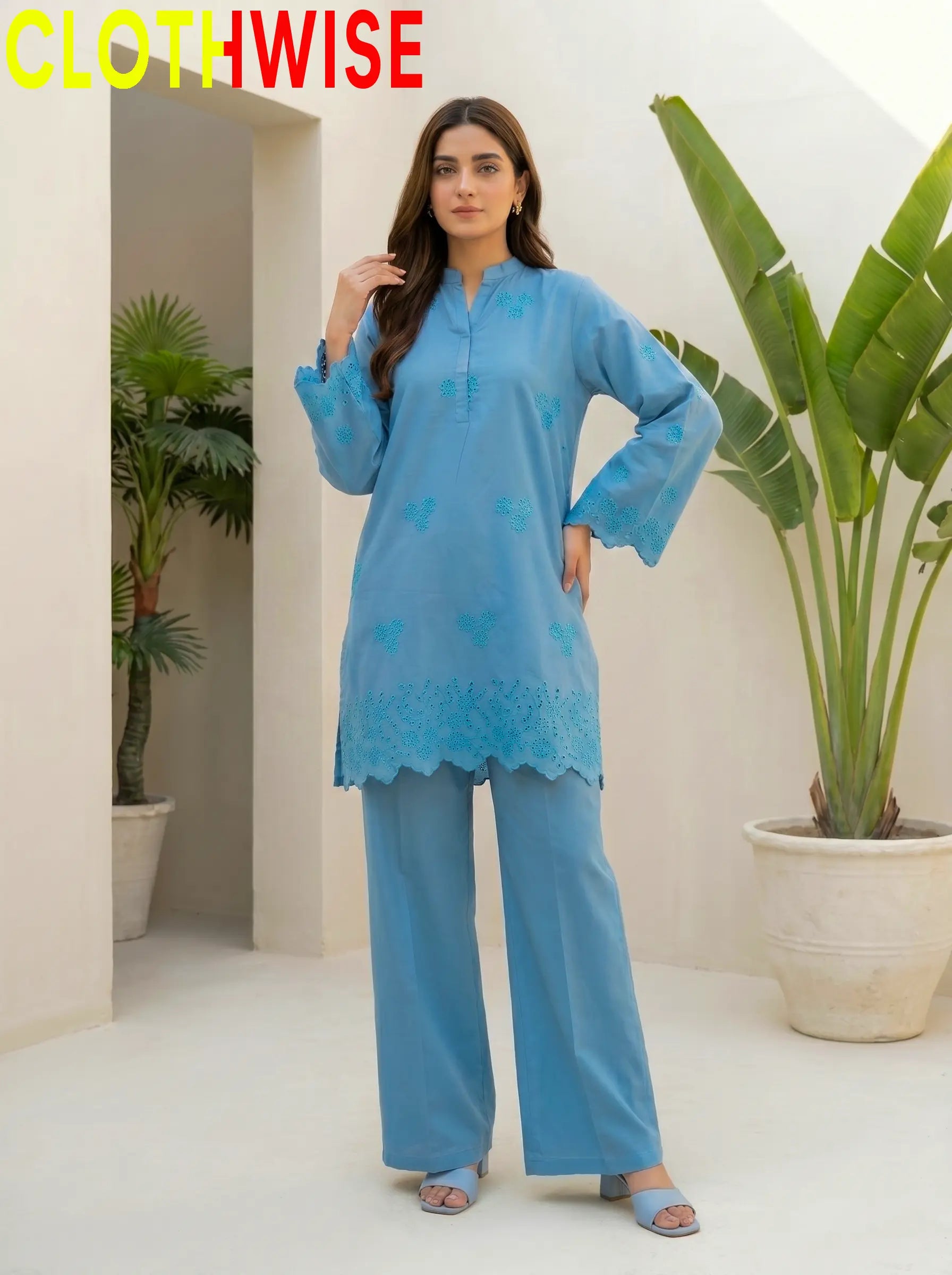Zimal Mint Blue Chikankari Suit – Standing Full View | Clothwise