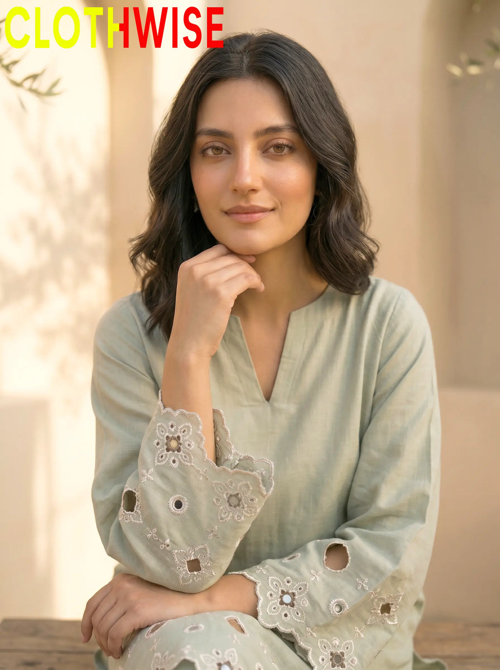 SAYA Mint - Chikankari Embroidery and Cutwork Close Up Detail