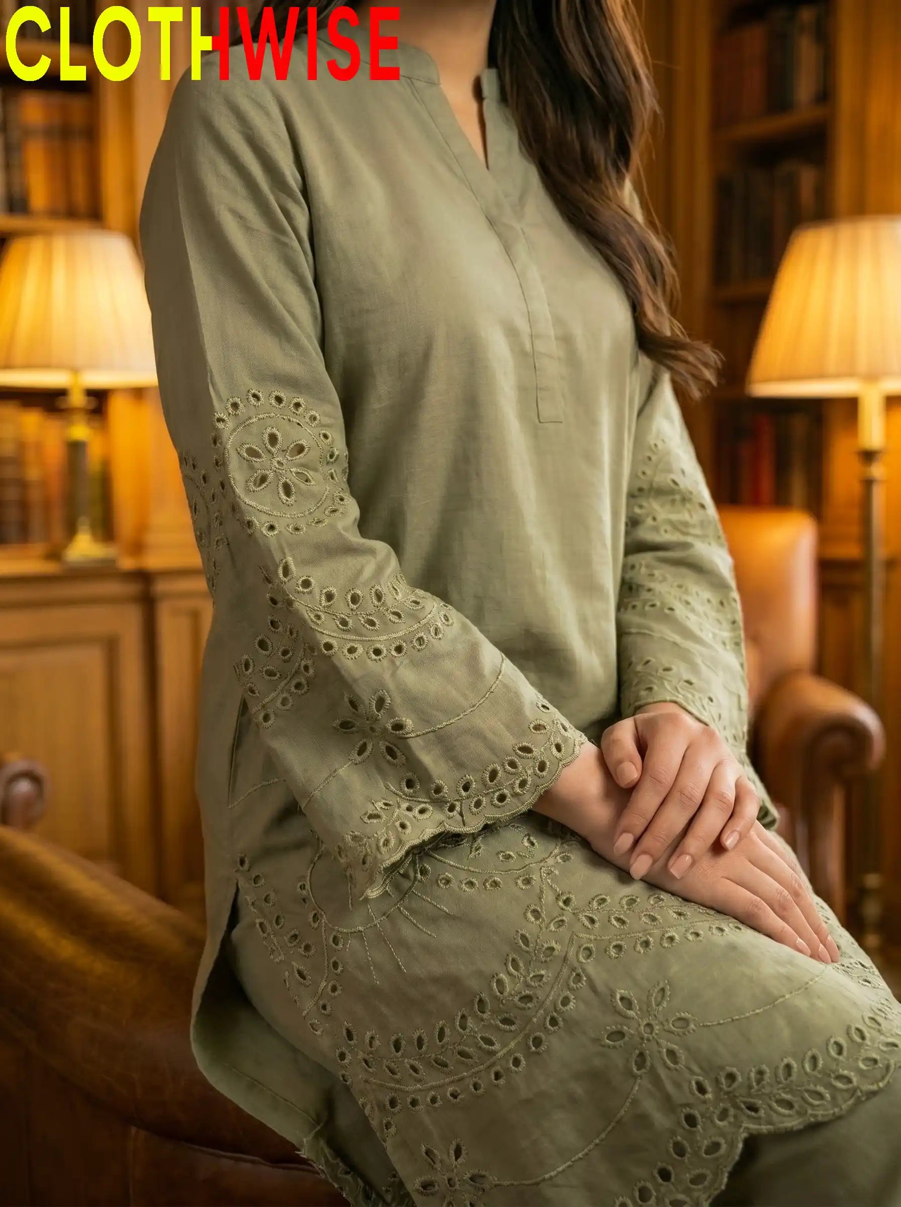 CottonCut mint green embroidered 2-piece cotton suit closeup