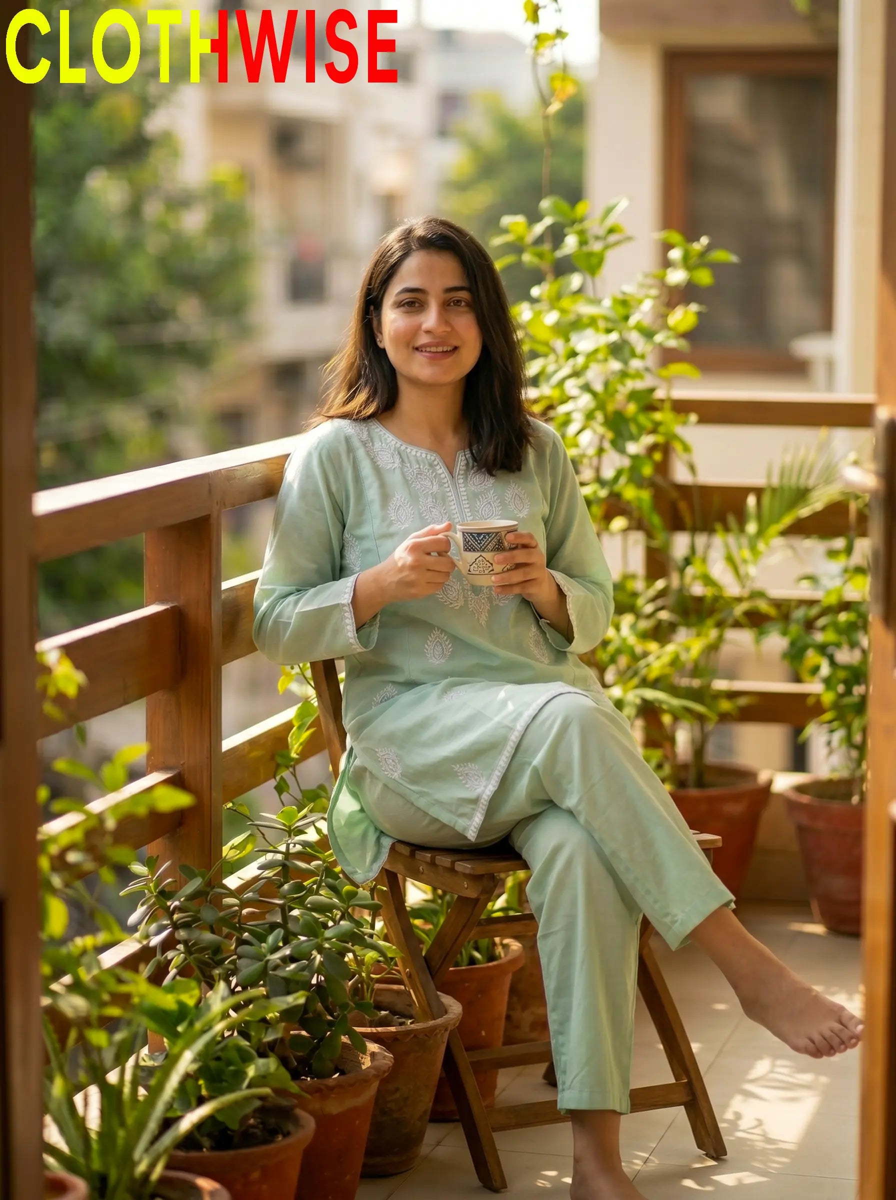 Loom Mint Green 2-Piece Embroidered Cotton Suit - Sitting View | Clothwise