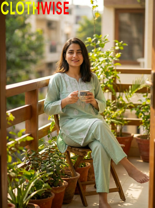 Loom Mint Green 2-Piece Embroidered Cotton Suit - Sitting View | Clothwise