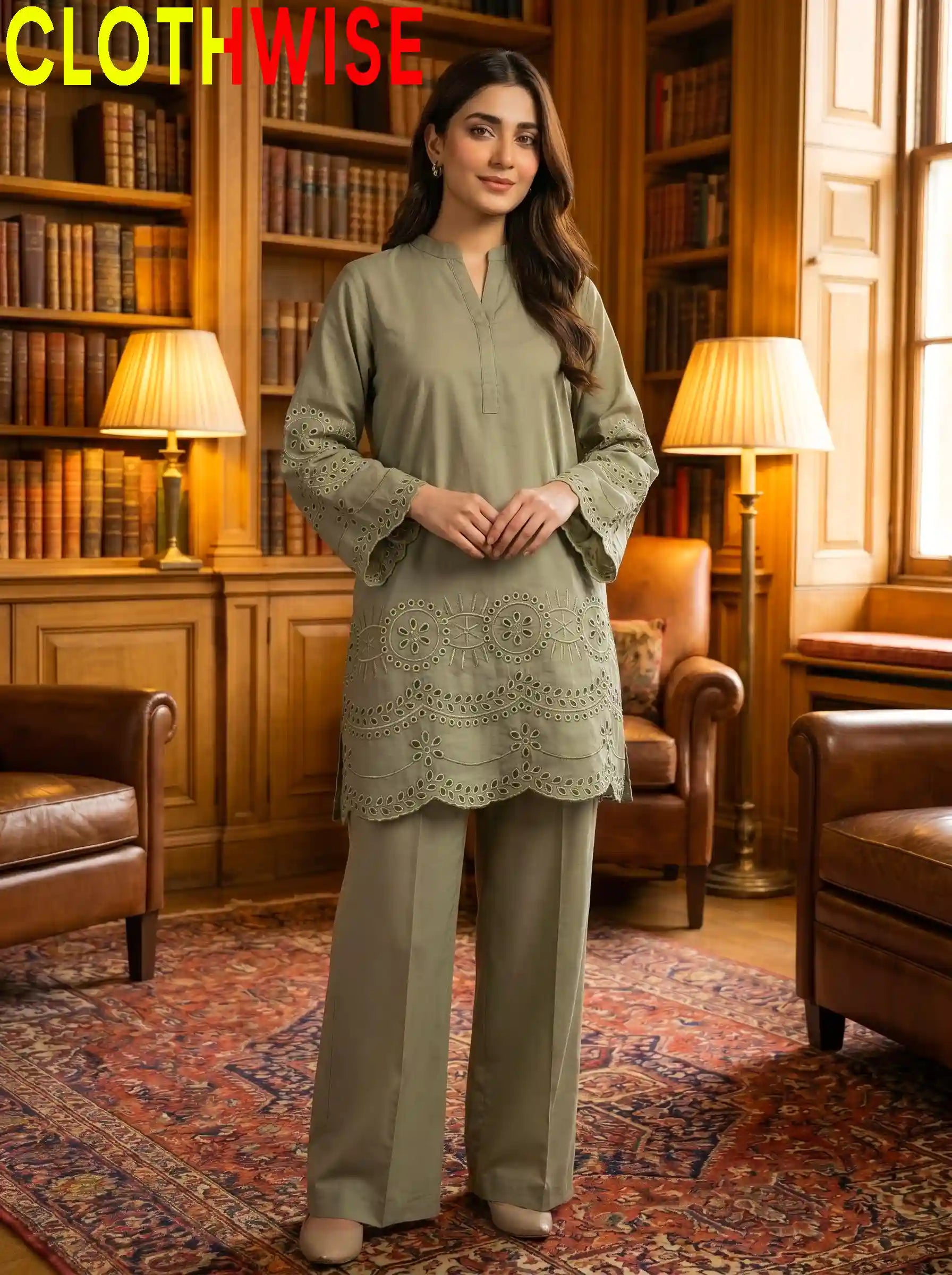 CottonCut mint green stitched co-ord suit full length standing