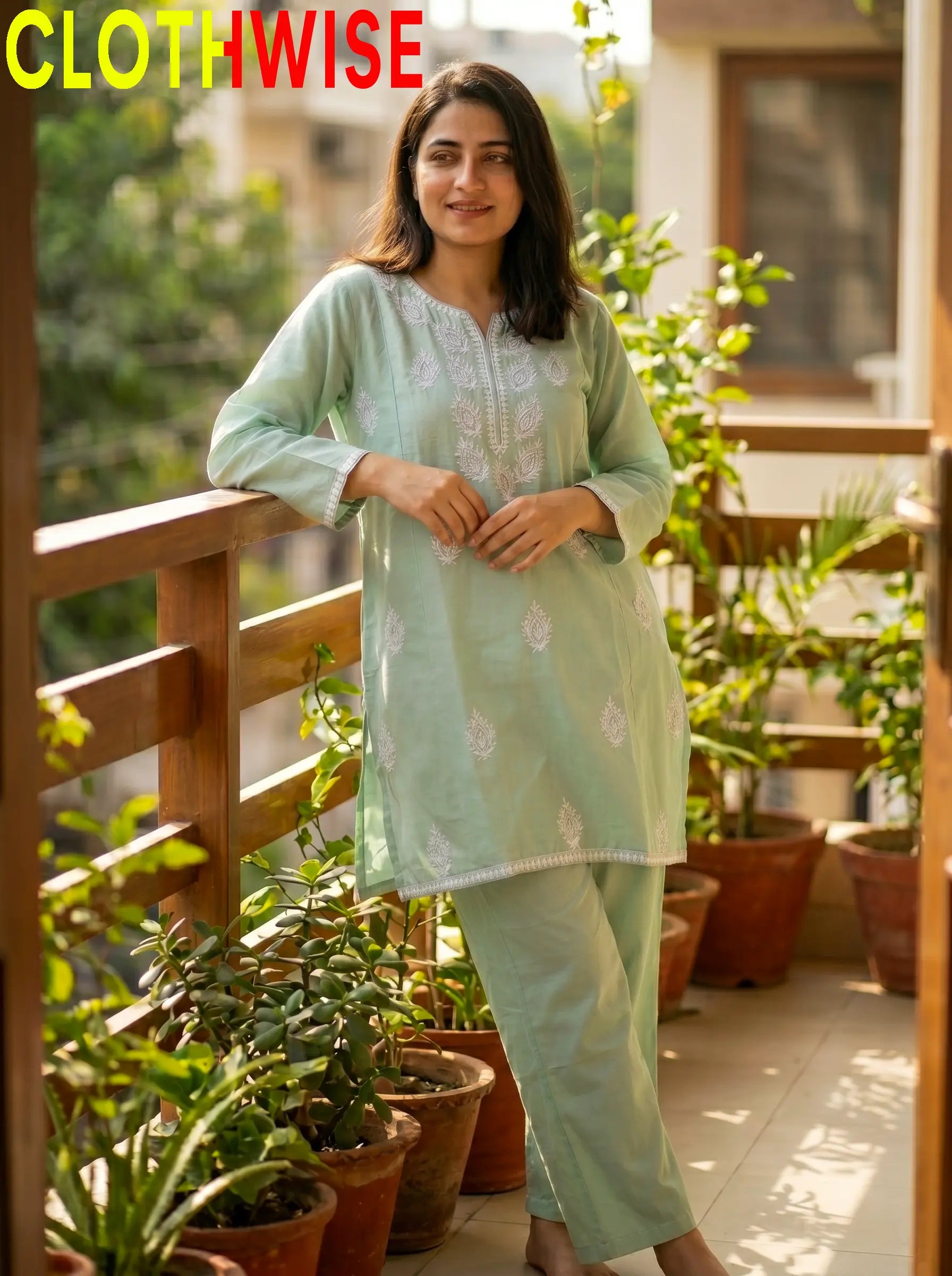 Loom Mint Green 2-Piece Embroidered Cotton Suit - Front Standing View | Clothwise