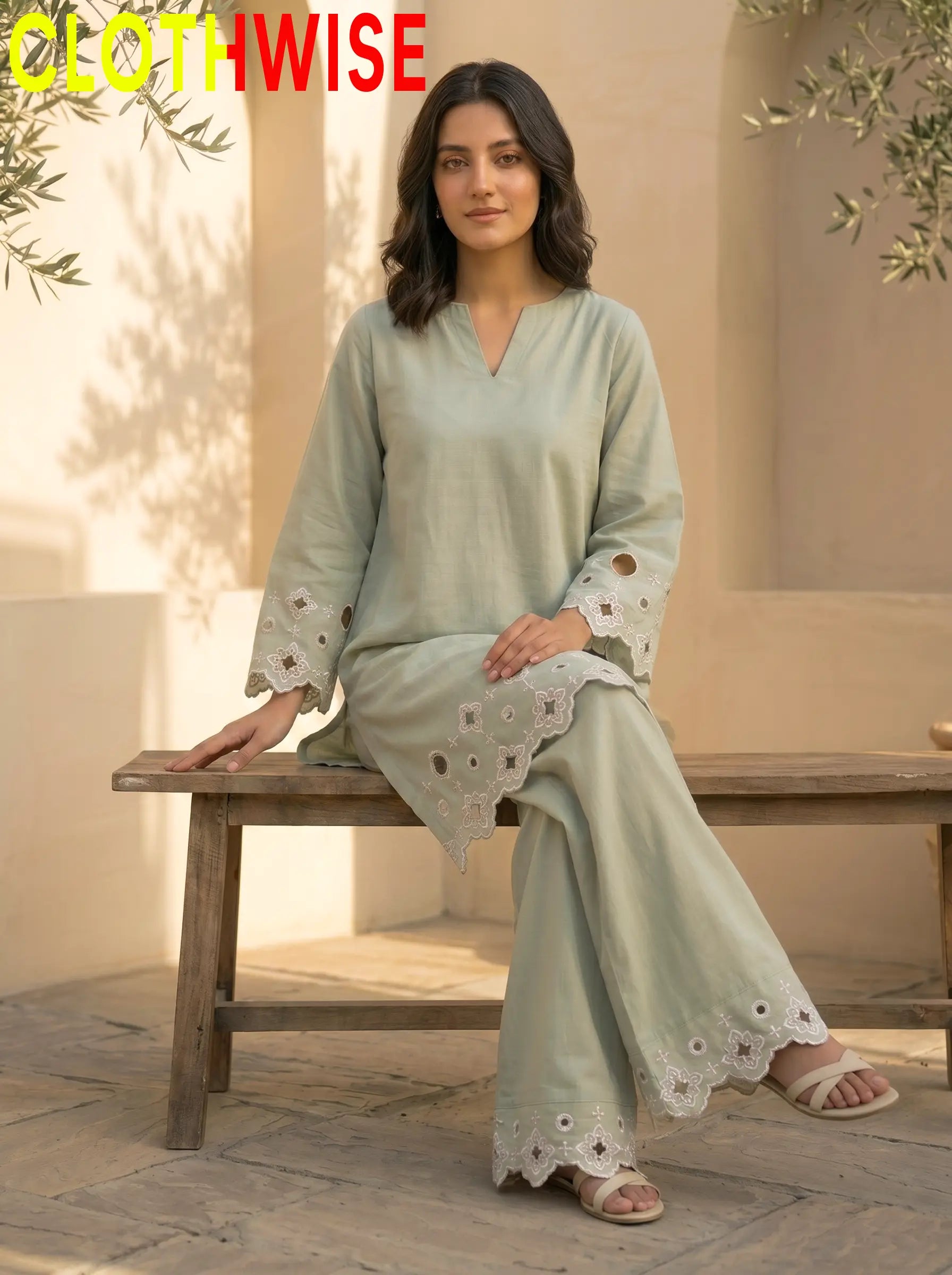 SAYA Mint Chikankari Co-Ord Set - Sitting Pose Full View