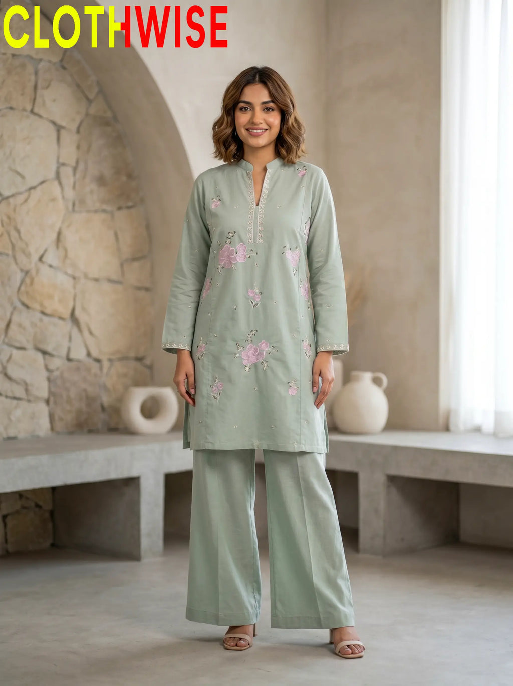 Marias 2-Piece Printed Co-ord Suit Mint Standing – Sequin Embroidered Stitched Women Suit by Clothwise