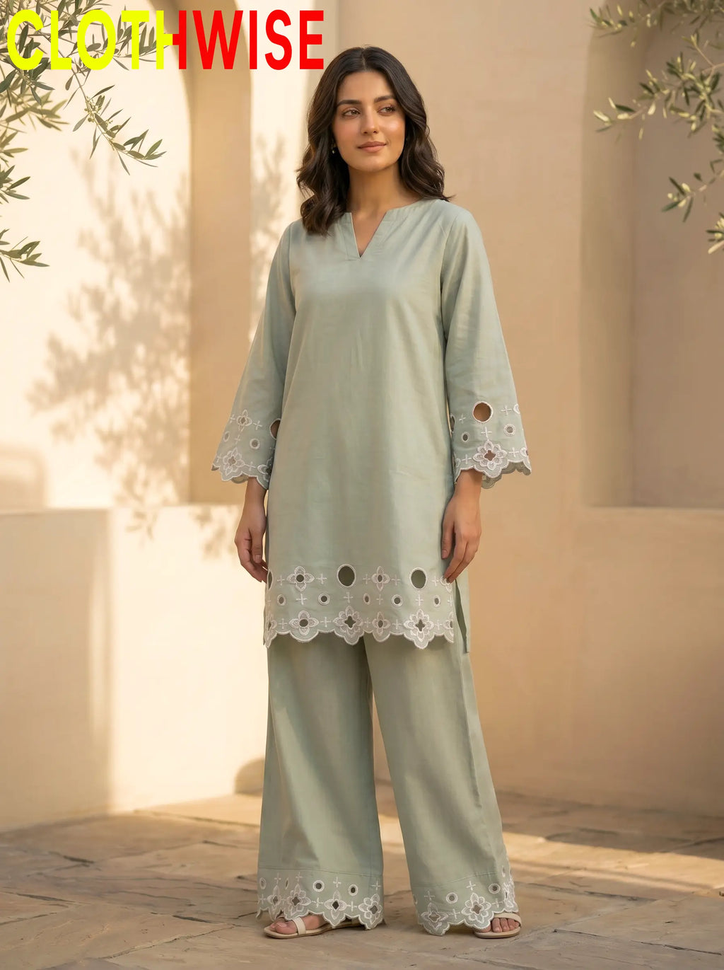 SAYA Mint Chikankari 2-Piece Co-Ord Set - Standing View