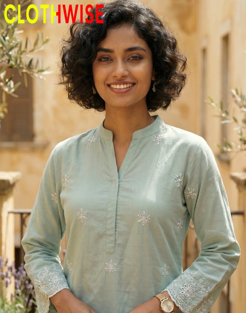Woman wearing a light blue embroidered shirt with 'CLOTHWISE' branding.