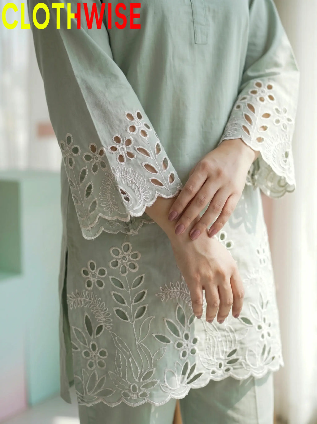 Flora Reign | Mint Cutwork Floral 2-Piece Kurti & Palazzo Set