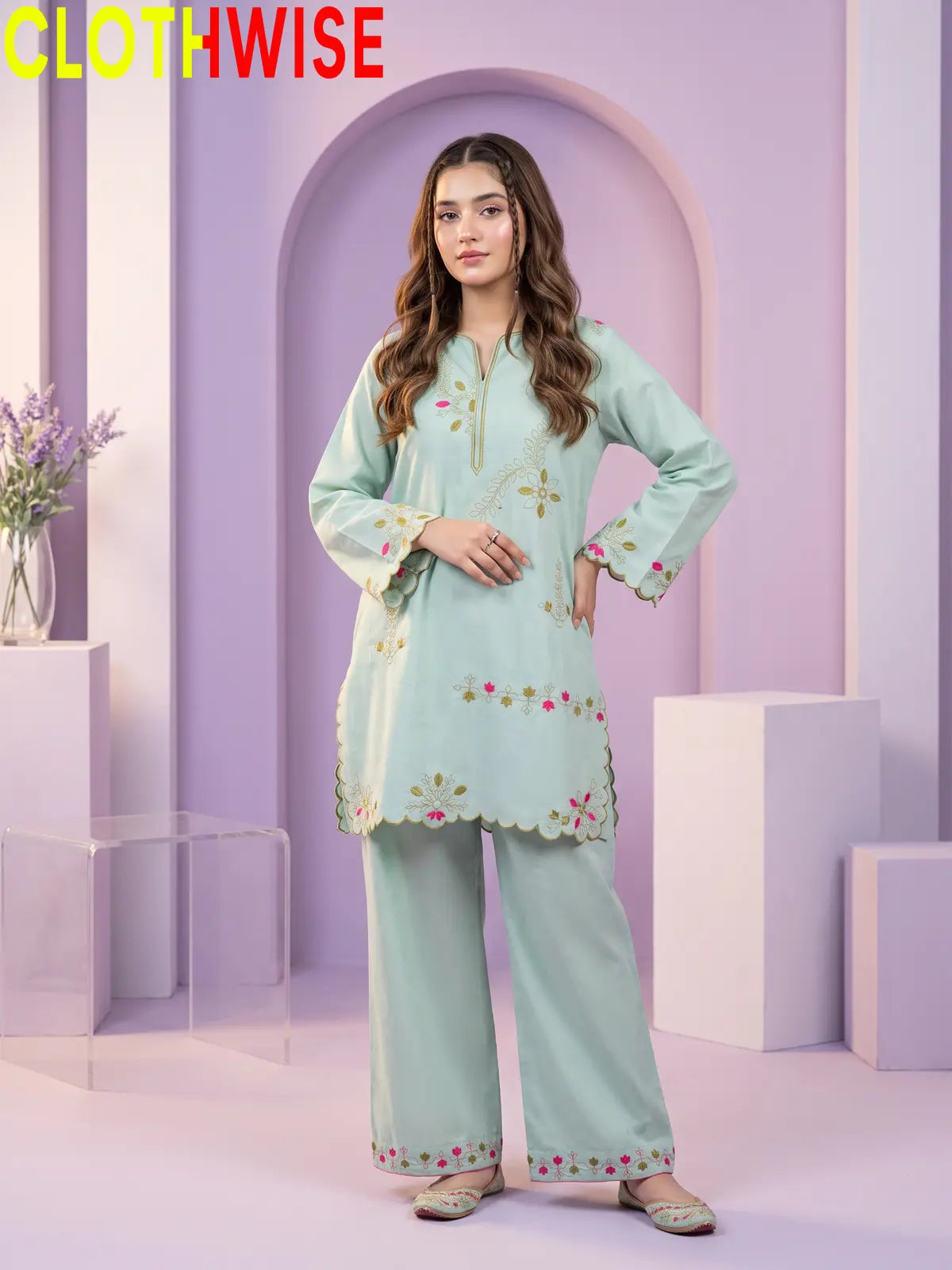 Amber Embroidered Cotton Co-Ord Set | Stitched 2 Piece Suit – CLOTHWISE